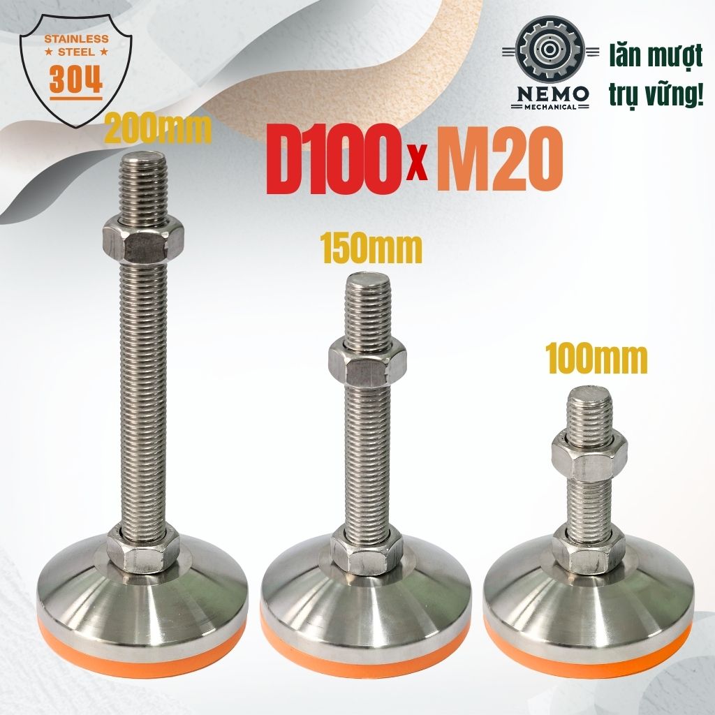 Chân Tăng Chỉnh Inox 304 Ren M20 – Đế Bát Dày 100mm, Chịu Tải Siêu Nặng 1 Tấn/Chiếc